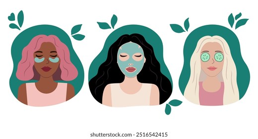 Cuidado de la belleza. Cuidado de la piel de la cara de la mujer. Rutina de belleza diaria, amor propio y concepto de cuidado personal. Un conjunto de una hermosa mujer en el proceso de cuidado de la piel facial. Parches oculares, mascarilla