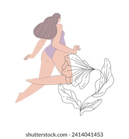 Beauty Care with Young Woman and Blooming Line Flower Vector Illustration