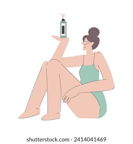 Beauty Care with Young Woman in Bodysuit with Organic Cream Bottle Vector Illustration