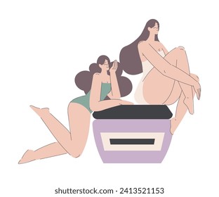 Beauty Care with Young Woman Sitting on Lotion Bottle Vector Illustration