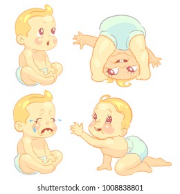 Beauty cartoon emotion baby set isolated on white background. Vector illustration