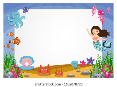 The beauty of cartoon mermaid with animals underwater landscape. Rectangle frame with space for text or object.