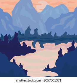 Beauty cartoon mountains with lake landscape,  river view. Hills, clouds, sun, moon. Flat abstract illustration.