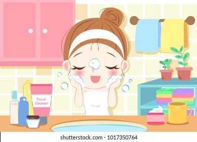 beauty cartoon skin care woman wash her face