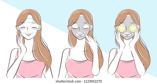 beauty cartoon skin care woman on the blue bakcground