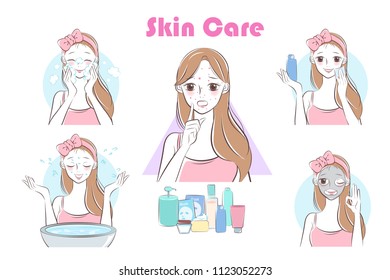 beauty cartoon skin care woman on the white background