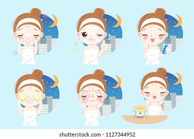 beauty cartoon skin care woman with mask at night