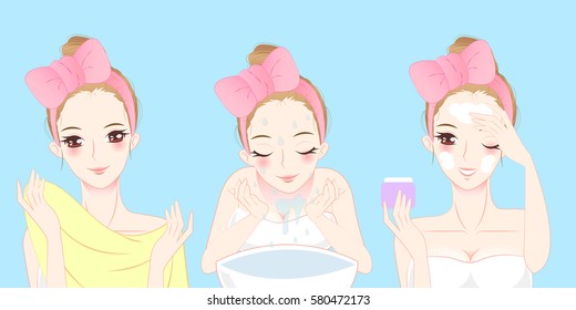 Beauty Cartoon Skin Care Woman Wash Her Face 