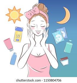 beauty cartoon skincare woman on the white background