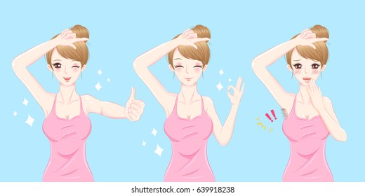 beauty cartoon woman with armpit hair removal before and after