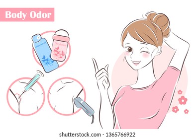 beauty cartoon woman with body odor problem on white background