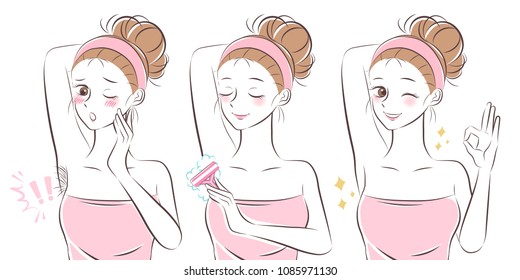 beauty cartoon woman do epilator before and after