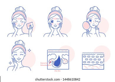 beauty cartoon woman with face oil on the white background