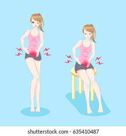 beauty cartoon woman with menstruation on the blue background