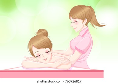 beauty cartoon woman relax massage on the green background