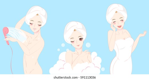 beauty cartoon woman take a shower in bathroom 