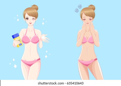 beauty cartoon woman use sunscreen before and after