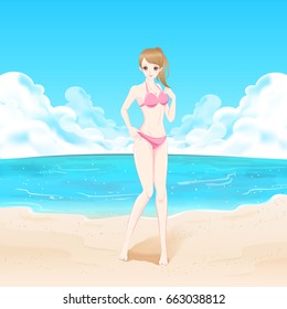 beauty cartoon woman wear bikini in beach