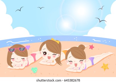 beauty cartoon women with sunscreen on the beach
