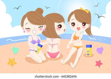 beauty cartoon women with sunscreen on the beach