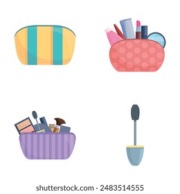 Beauty case icons set cartoon vector. Female cosmetic product in makeup bag. Beauty concept