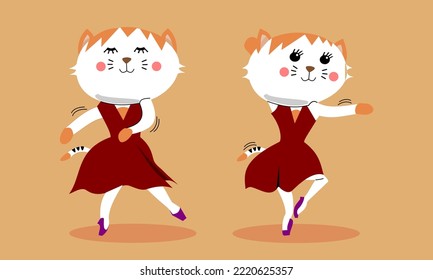 Beauty Cat Ballerina Dancer Vector Illustration Flat Design. Adorable Character Concept Wearing Dress And Ballet Shoes.