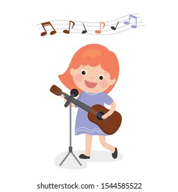 Beauty caucasian girl playing guitar. Cartoon schoollgirl with musical instrument. Cute kid isolated on white background. Flat vector illustration