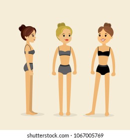 beauty caucasian women in underwear,front and profile view,flat vector illustration
