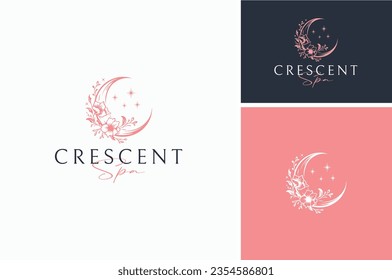 Beauty Celestial Lunar Flower, Waning Crescent Moon Floral for Woman Vibes like Spa, Cosmetic, Skin Care, Massage logo design