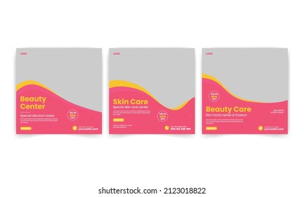 Beauty Center Makeup Social Media Post Banner Square Flyer Template Design, Square social media posts templates set with place for photo.