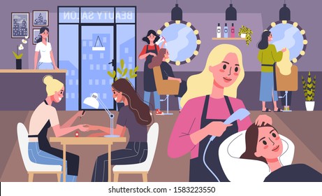 Beauty center service concept. Beauty salon visitors having diffrent procedure. Female character in salon. Concept of professional hair beauty treatment. Nail design, hair style. Vector illustration