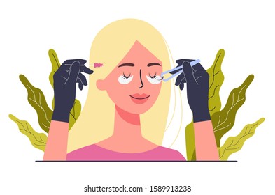 Beauty center service concept. Beauty salon visitors having diffrent procedure. Female character puting fake eyelashes in salon. Isolated vector illustration