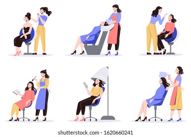 Beauty center service concept. Beauty salon visitors having diffrent procedure. Female character in salon. Hair treatment and styling. Isolated vector illustration set