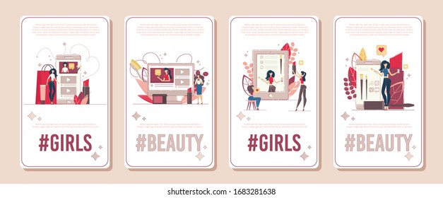 Beauty Channel Streamer, Cosmetic Products Reviewer, Makeup Consultant Vertical Banner, Poster Set. Beauty Blogger Testing Cosmetics, Communicating with Followers, Subscribers Flat Vector Illustration