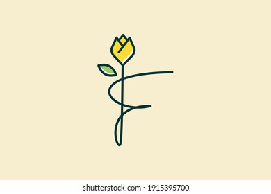 Beauty and charming simple illustration logo design Initial F combine with tulip flower.