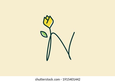 Beauty and charming simple illustration logo design Initial N combine with tulip flower.