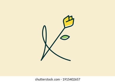 Beauty and charming simple illustration logo design Initial K combine with tulip flower.