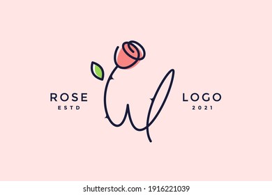 Beauty and charming simple illustration logo design Initial W combine with Rose flower.