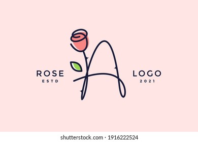 Beauty and charming simple illustration logo design Initial A combine with Rose flower.