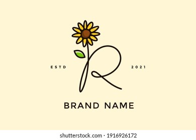 Beauty and charming simple illustration logo design Initial R combine with Sun flower.