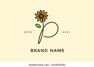 Beauty and charming simple illustration logo design Initial P combine with Sun flower.
