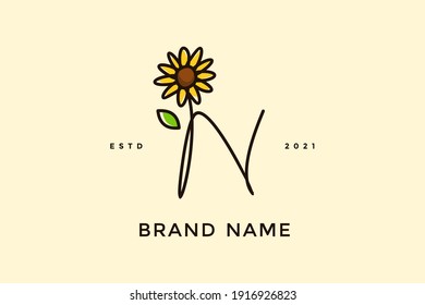 Beauty and charming simple illustration logo design Initial N combine with Sun flower.