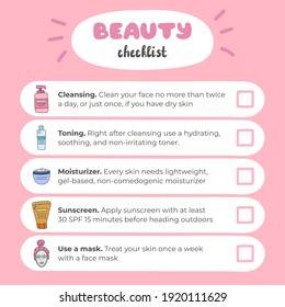 Beauty checklist about skin care with cute hand drawn vector illustrations. Reminder of the right care sequence for beautiful and healthy face. Checklist is perfect for planners, notebooks.