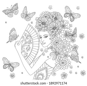 beauty chinese girl with floral hairstyle holding a fan for your coloring book