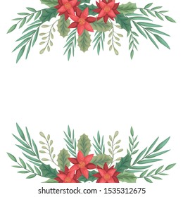 beauty christmas flowers and branch decorative frame vector illustration design