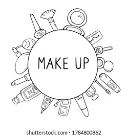 Beauty circle poster with line cosmetic icons. Set of makeup tools and decorative cosmetic products. Beauty sketch background. Hand drawn vector illustration