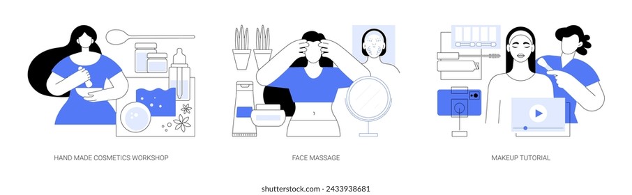 Beauty classes isolated cartoon vector illustrations set. Hand made cosmetics workshop, make organic product, woman does face massage, morning rituals, girl recording makeup tutorial vector cartoon.