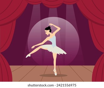 Beauty of classic ballet. The ballerina dances beautifully on the illuminated stage. A classical dancer performs on stage. Ballerina dancing in pointe shoes.