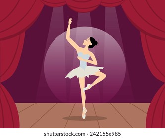 Beauty of classic ballet. The ballerina dances beautifully in the spotlight. A classical dancer performs on stage. Ballerina dancing in pointe shoes.