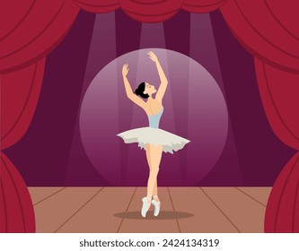 Beauty of classic ballet. An elegant ballerina performs on the theater stage. A classical dancer performs on stage. Ballerina dancing in pointe shoes.